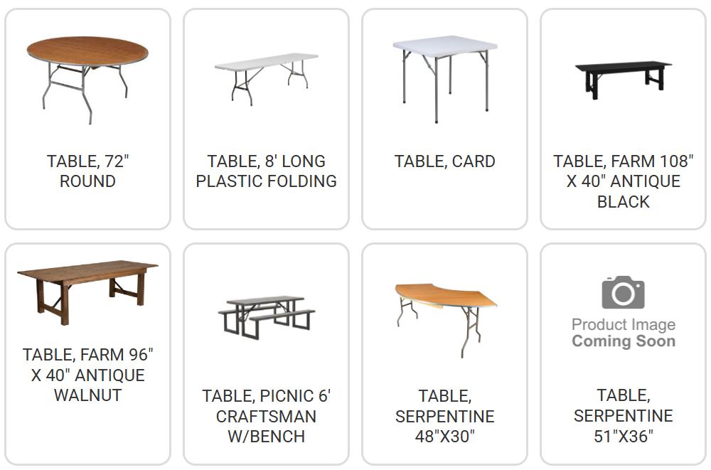 Furniture catalog grid showing various tables, including round, folding, card, and serpentine styles