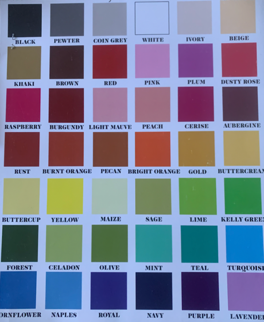 Color chart with labeled swatches in rows, ranging from blues and pinks to greens and purples on a light background
