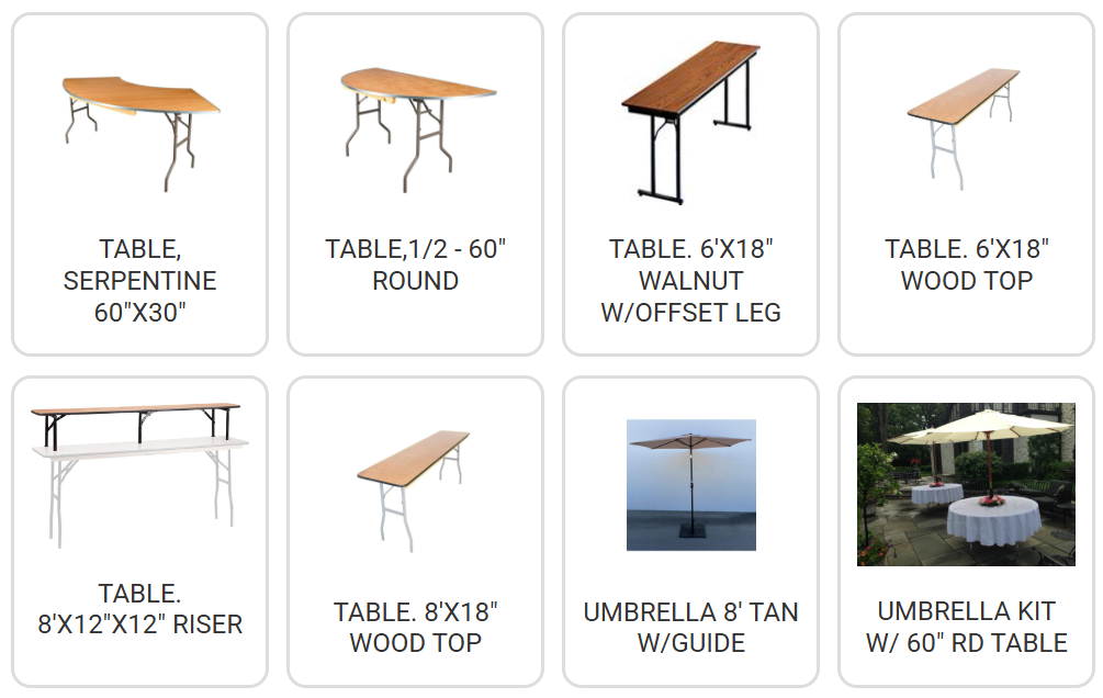 Table layout chart with multiple table styles and sizes, including round, rectangular, wood, and umbrella options