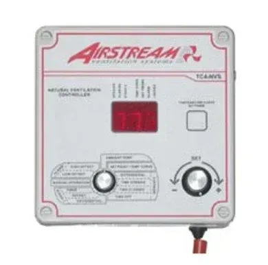 Airstream control panel with red digital display and two round knobs on a white faceplate.