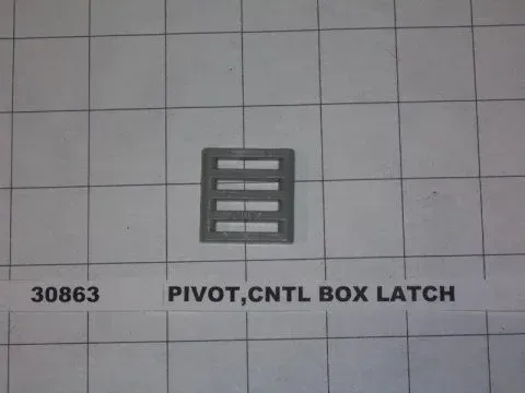 Gray latch icon on a grid background labeled “PIVOT,CNTL BOX LATCH” and “30863”