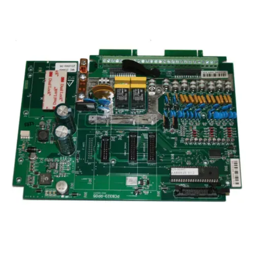 Green printed circuit board with electronic components, connectors, and relays on a white background