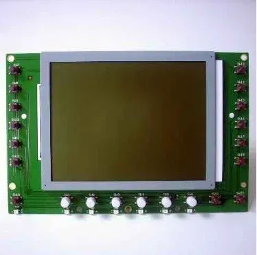 Green circuit board with a central LCD screen and rows of small buttons along the bottom and sides
