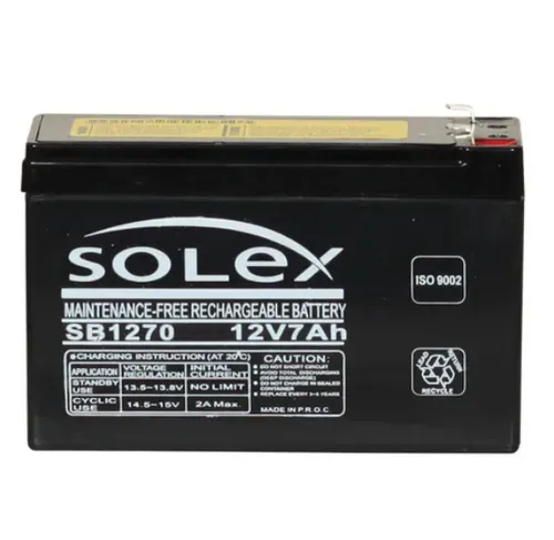 Black SOLEX 12V 7Ah maintenance-free rechargeable battery with labels on a white background
