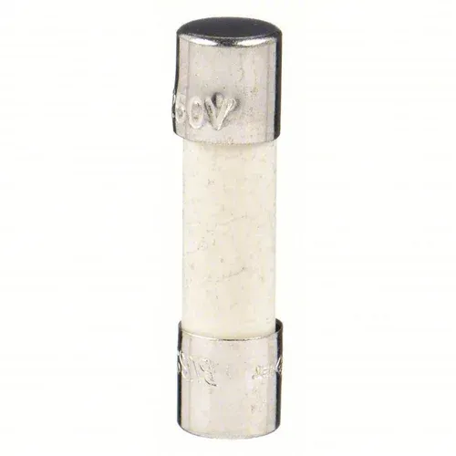 White cylindrical fuse with silver metal caps on both ends