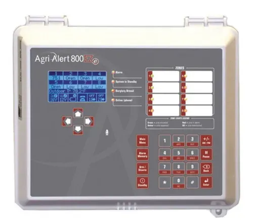 Gray Agri-Alert 800 control panel with digital screen, buttons, and indicator lights