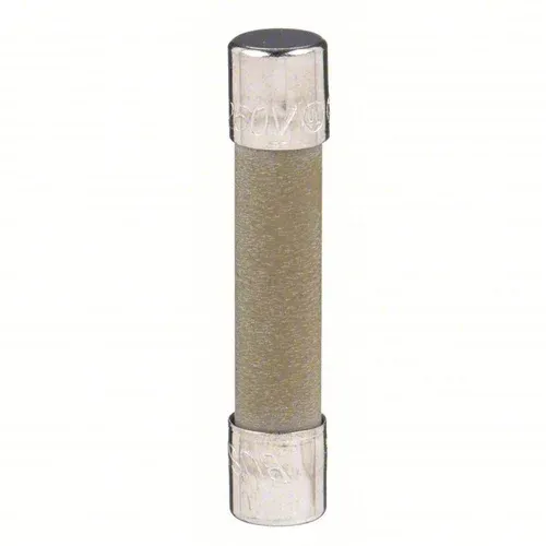 Close-up of a small cylindrical metal fuse with silver ends and a beige center.