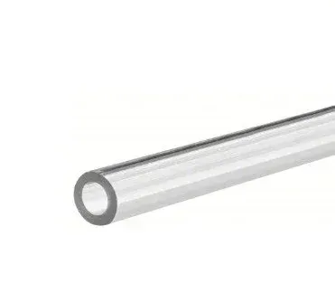 Transparent plastic tube with a dark rim, shown diagonally on a white background