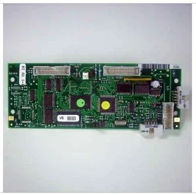 Green printed circuit board with connectors and electronic components on a white background