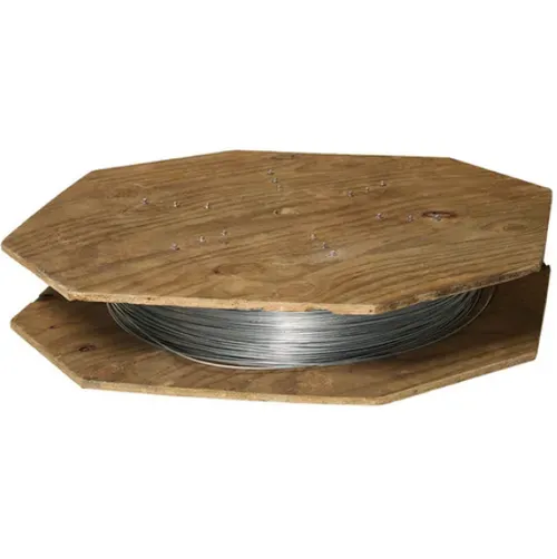Wooden reel spool holding coiled steel wire or cable