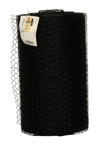 Black roll of chicken wire fencing with a product tag attached