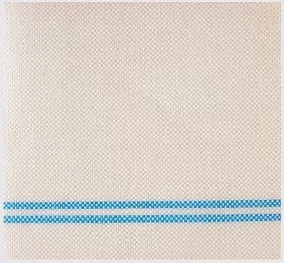 Beige woven fabric with two thin horizontal blue stripes near the bottom