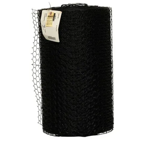 Black rolled mesh garden fencing with a product tag attached