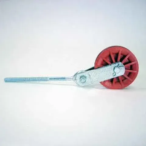 Red wheeled measuring wheel with a blue handle on a white background