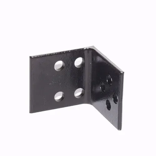 Black metal L-bracket with multiple mounting holes on a white background