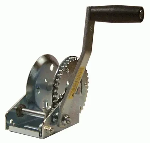 Hand-crank winch with metal drum and gear wheel on a silver base
