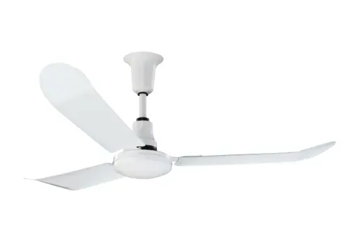 White ceiling fan with three blades on a white background