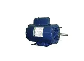 Blue electric motor with mounting base and protruding shaft on a white background