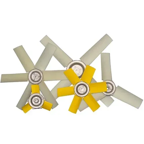 Five yellow and beige ceiling fan blades arranged in a cluster on a white background