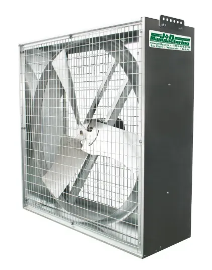 Large industrial wall-mounted ventilation fan with metal grille and dark side housing