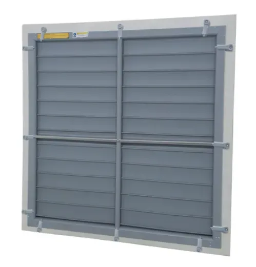 Gray louvered window with metal security bars and frame
