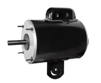 Black cylindrical electric motor with protruding shaft and mounting bracket on white background