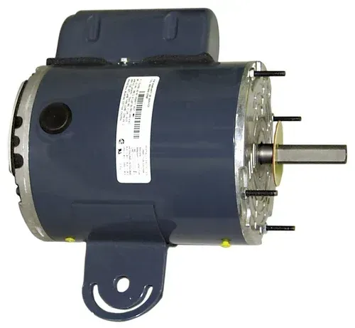 Blue electric motor with mounting bracket and exposed shaft