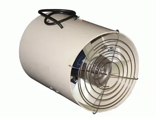 Portable beige electric space heater with a black handle and metal front grill