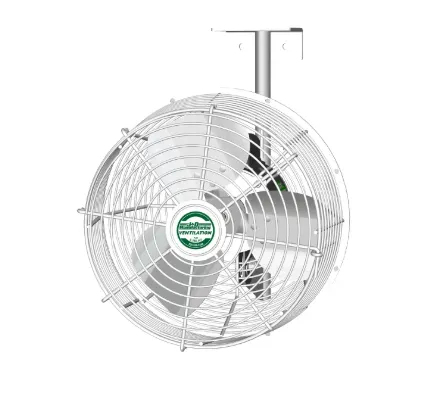 White wall-mounted electric fan with a metal grille and blades against a plain background