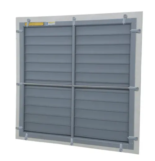 Gray metal window shutter with horizontal slats and locking bars on a light wall