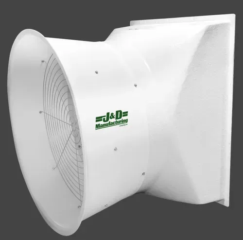White J&D Music line array speaker cabinet with front grille and flared horn opening