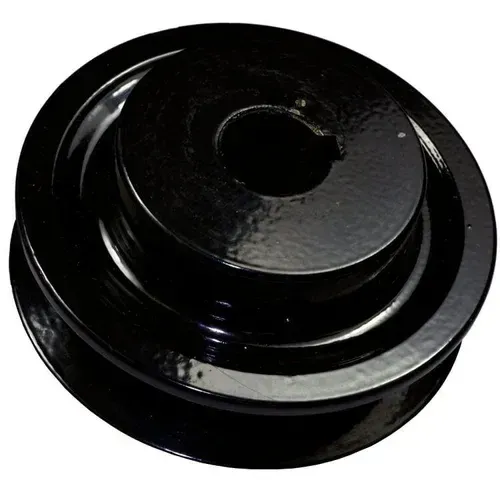 Black metal pulley wheel with a central hole, shown on a white background