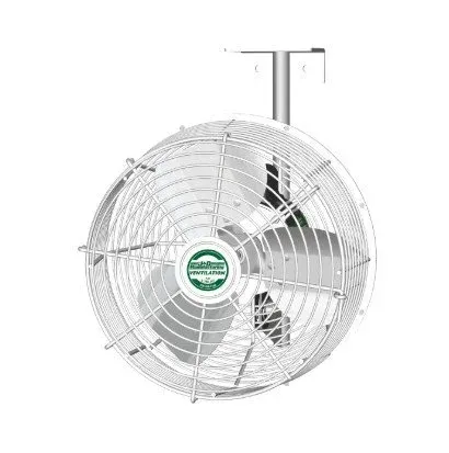 White wall-mounted industrial fan with protective metal grille and adjustable bracket