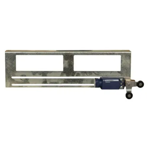 Metal gauge tool with two rectangular openings and a blue micrometer adjustment knob