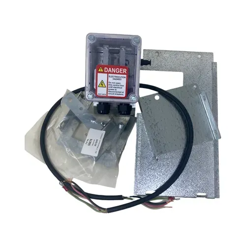 Electrical box with warning label, attached metal bracket, and coiled wiring on a white background