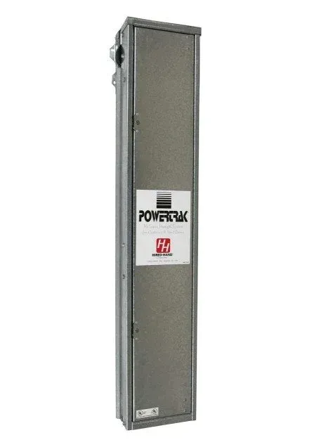 Tall gray PowerTrak industrial electrical cabinet on a white background