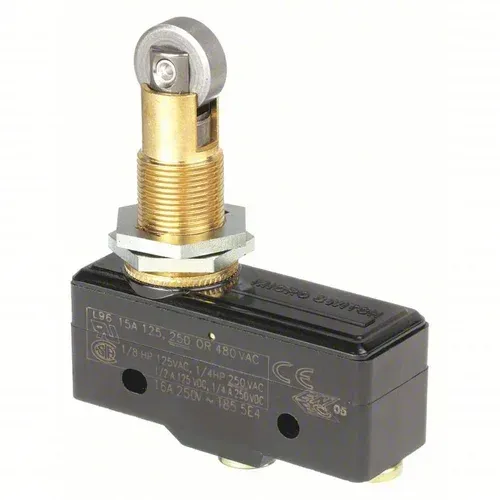 Black industrial limit switch with gold metal stem and roller lever on a white background