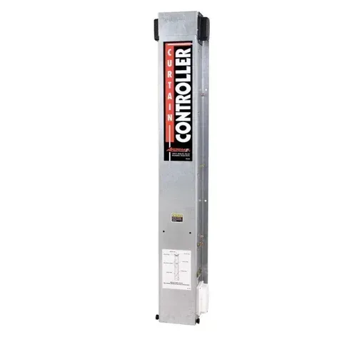 Tall silver electrical controller cabinet with a red-and-black label.