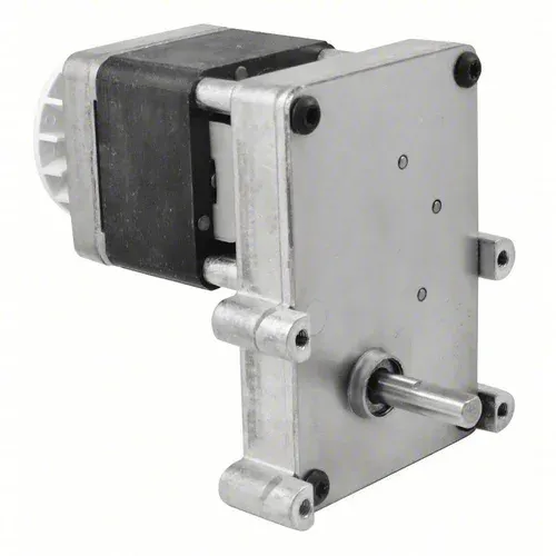 Silver-and-black electric motor with gearbox and protruding shaft on a white background