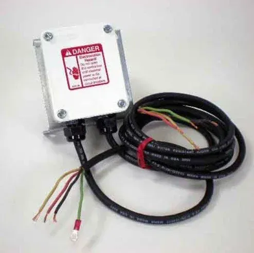 White electrical box with red danger label and attached black cables with exposed wires on a plain background