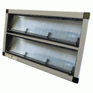 Two-tier stainless steel wall-mounted display shelf with mirrored back and clear front panels