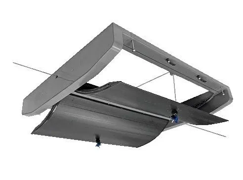 Open ceiling-mounted gray projector with two lower panels extended downward.