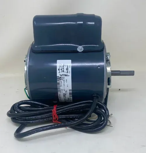 Blue electric motor with attached cord, shown on a white background