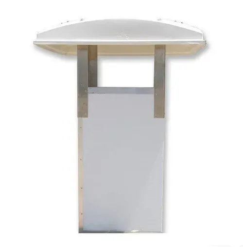 Wall-mounted white canopy with two metal supports over a gray panel