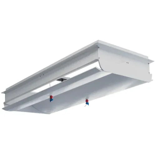 White ceiling-mounted linear light fixture with two hanging blue-and-red cords on a white background