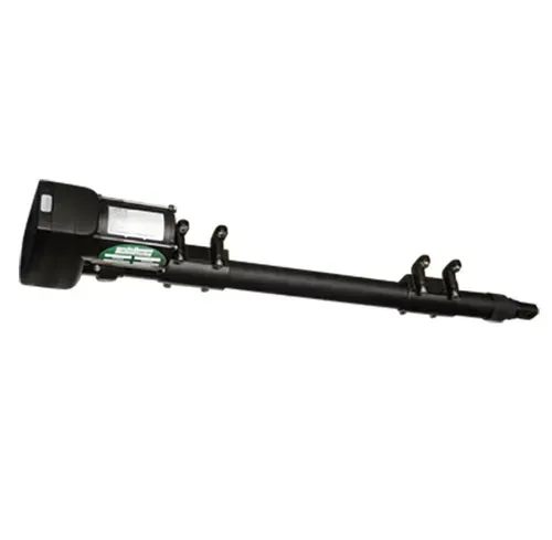 Black automotive suspension strut assembly with spring perch on a white background