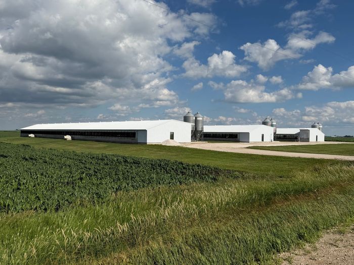Rural farm buildings beside a green field under a cloudy blue sky
