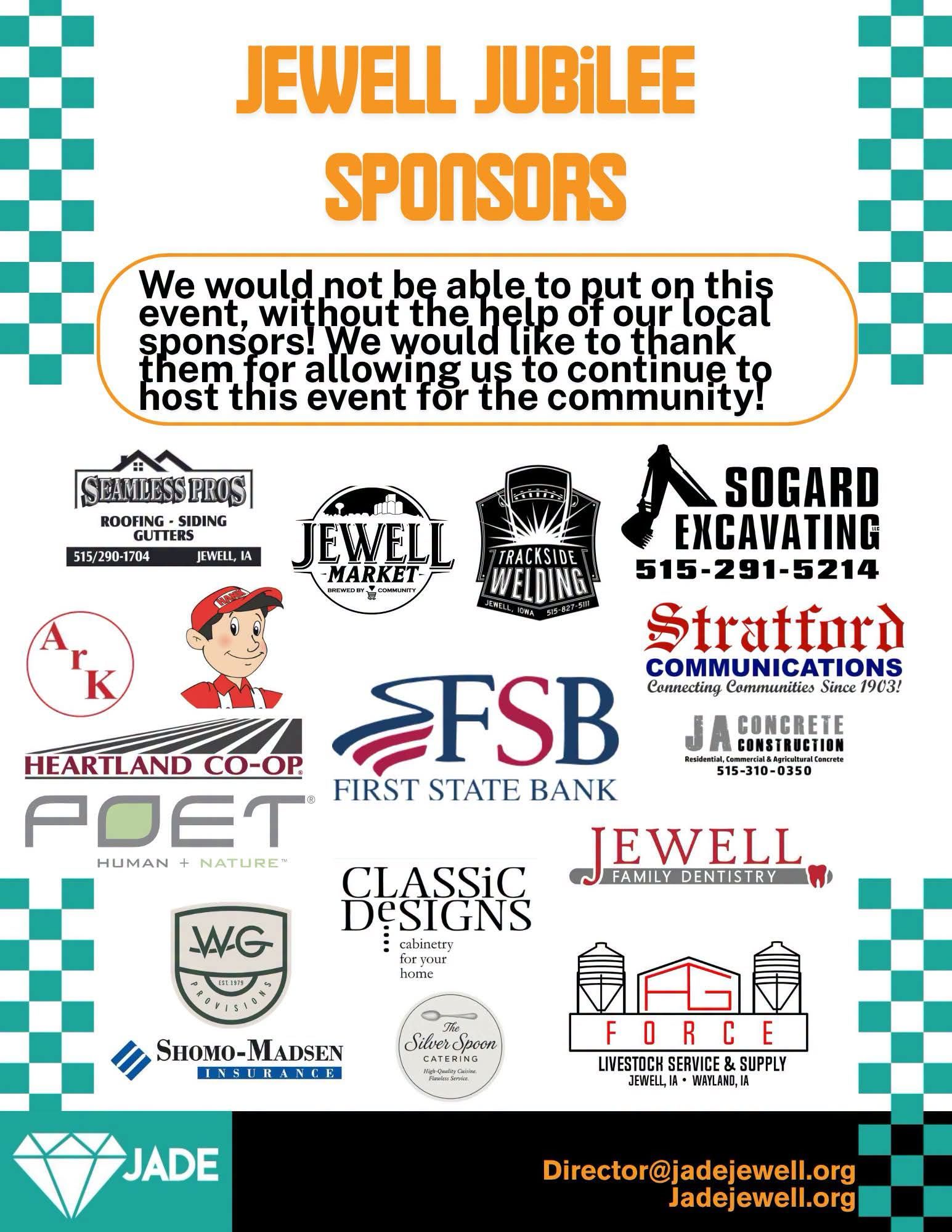Jewell Jubilee Sponsors poster with thank-you message and multiple sponsor logos on a teal checkerboard border