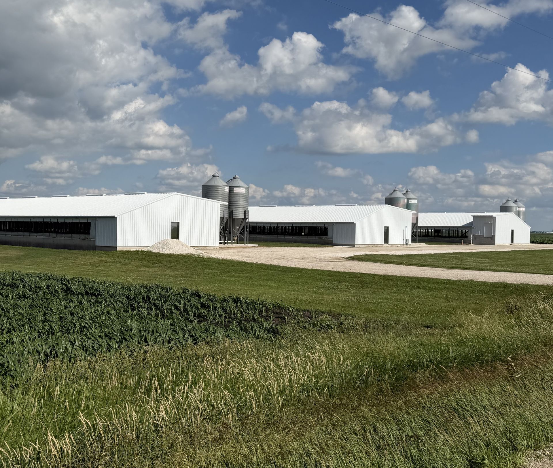 White farm buildings with silos beside a green field under a cloudy sky