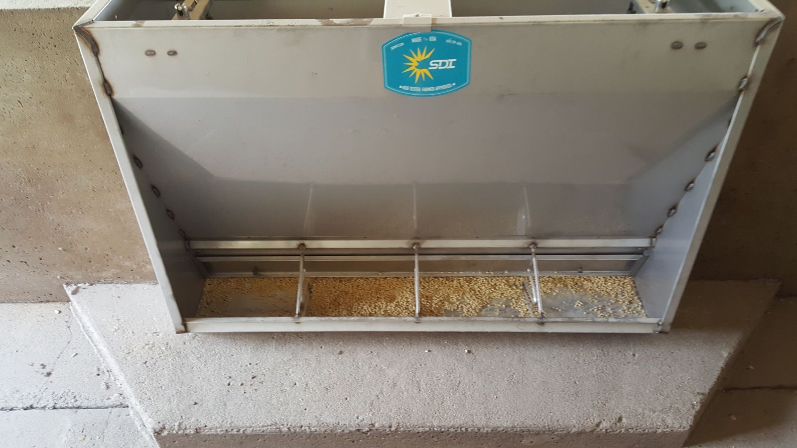 Open metal pet feeder with three sections of grain on a white stand